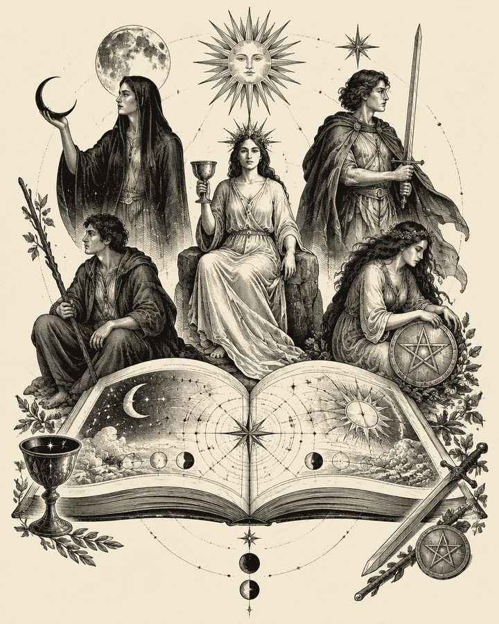 Original Hunch engraving of a celestial tarot atlas with archetypal symbols