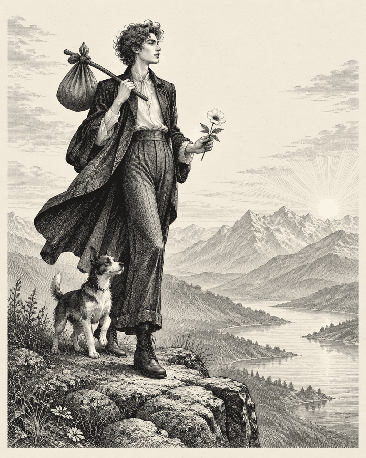 Original Hunch engraving of a poised traveller at a cliff edge with a small dog and flower