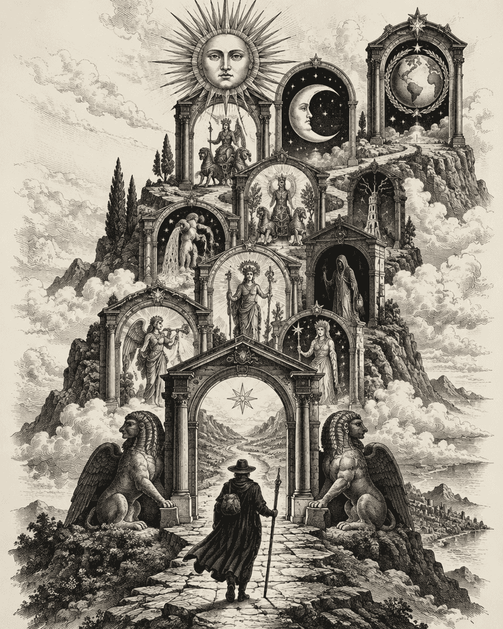 Original Hunch engraving of a traveller moving through symbolic Major Arcana gates