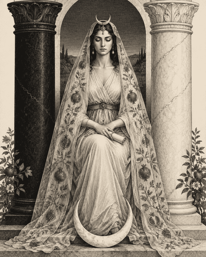 Original Hunch engraving of a serene High Priestess between pillars with crescent moon and veil