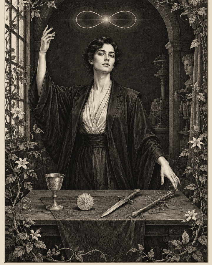 Original Hunch engraving of an elegant Magician figure with four symbolic tools