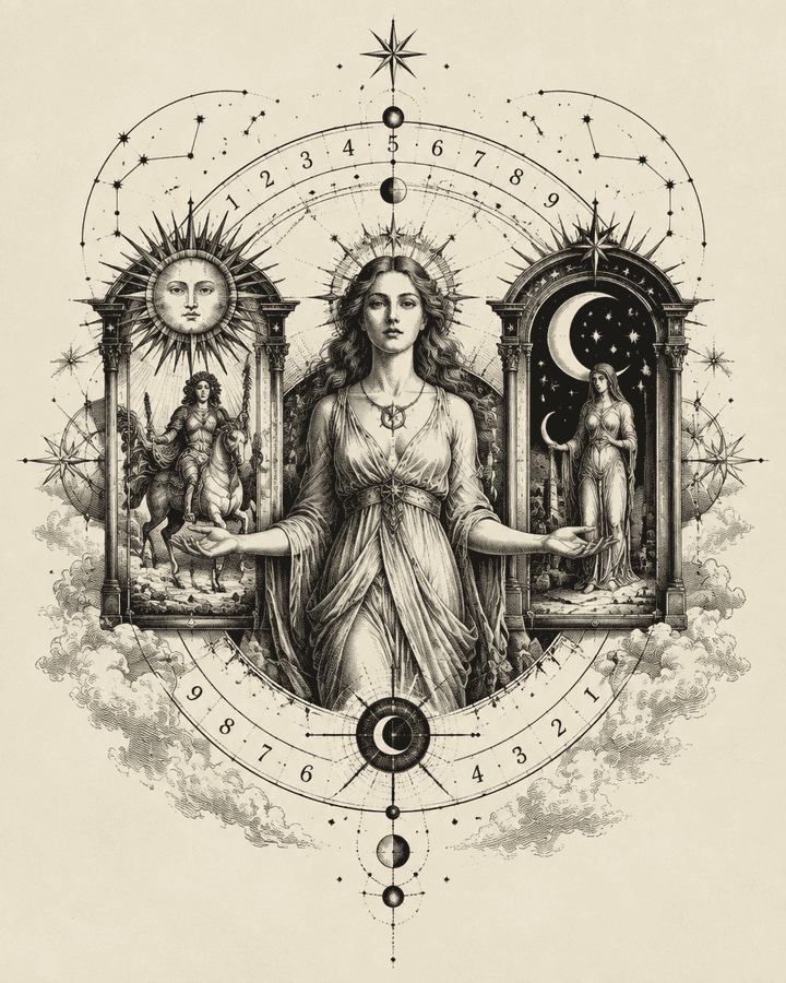 Original Hunch engraving of Major Arcana cards and celestial date numerals