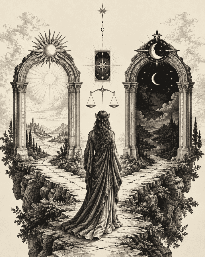 Original Hunch engraving of a symbolic crossroads