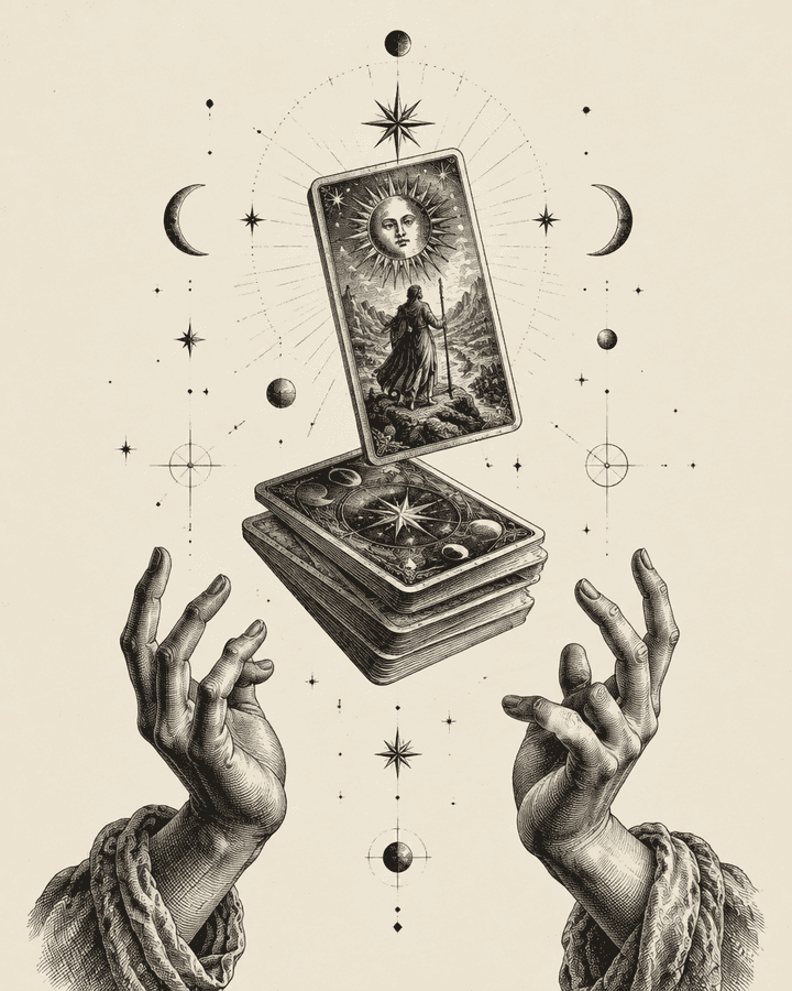 Original Hunch engraving of one tarot card rising from a shuffled deck