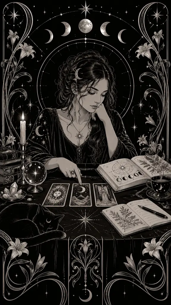 Art Nouveau tarot reader studying three cards with an open guidebook