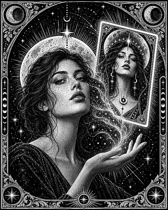 A woman transforming her portrait into a personal tarot card