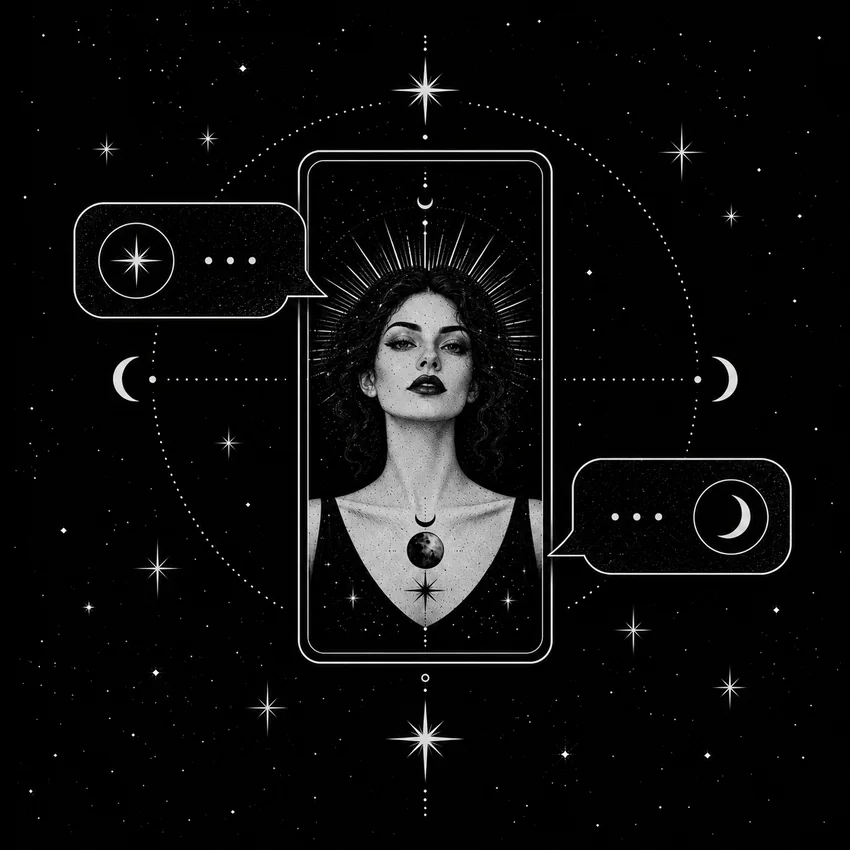 Black and white engraved portrait card surrounded by symbolic dialogue bubbles