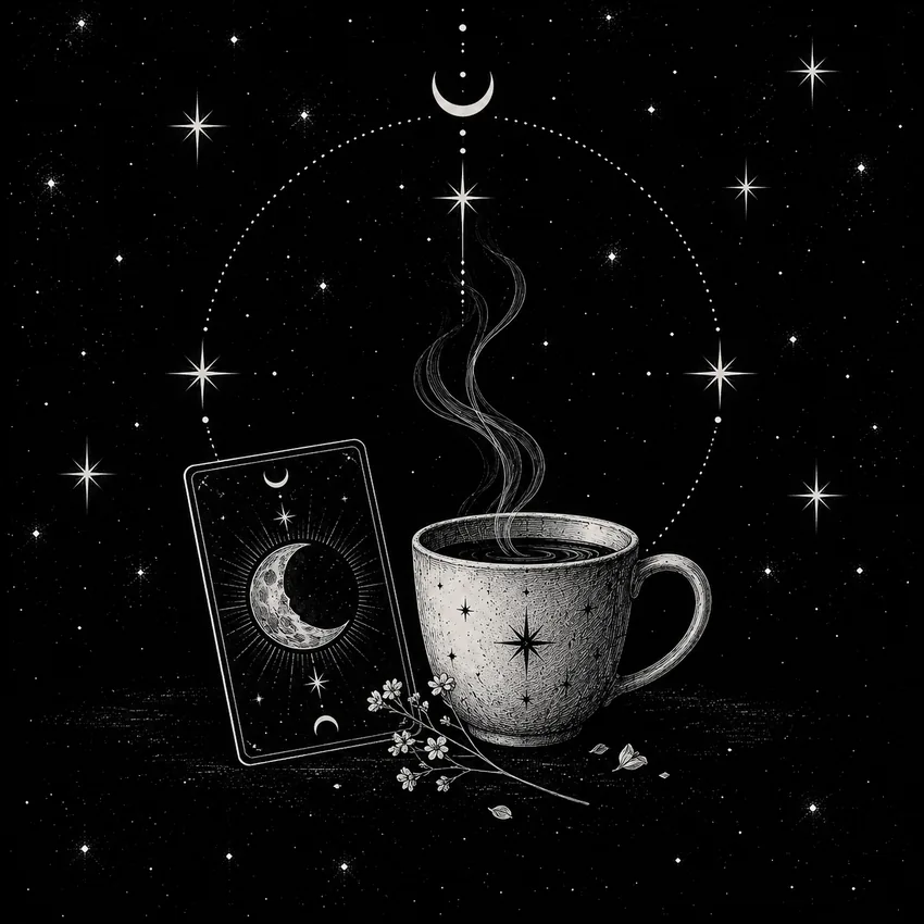 Minimal monochrome engraving of a morning tarot card ritual with coffee