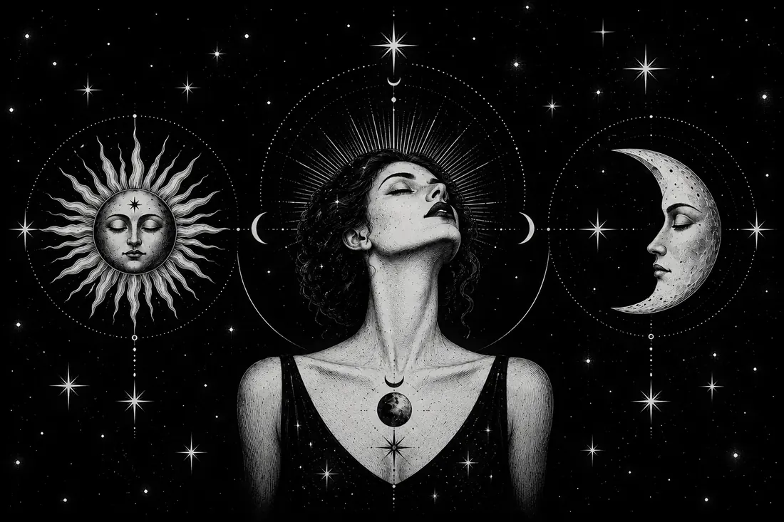Monochrome celestial engraving of a woman between the Sun and Moon, symbolizing self-reflection