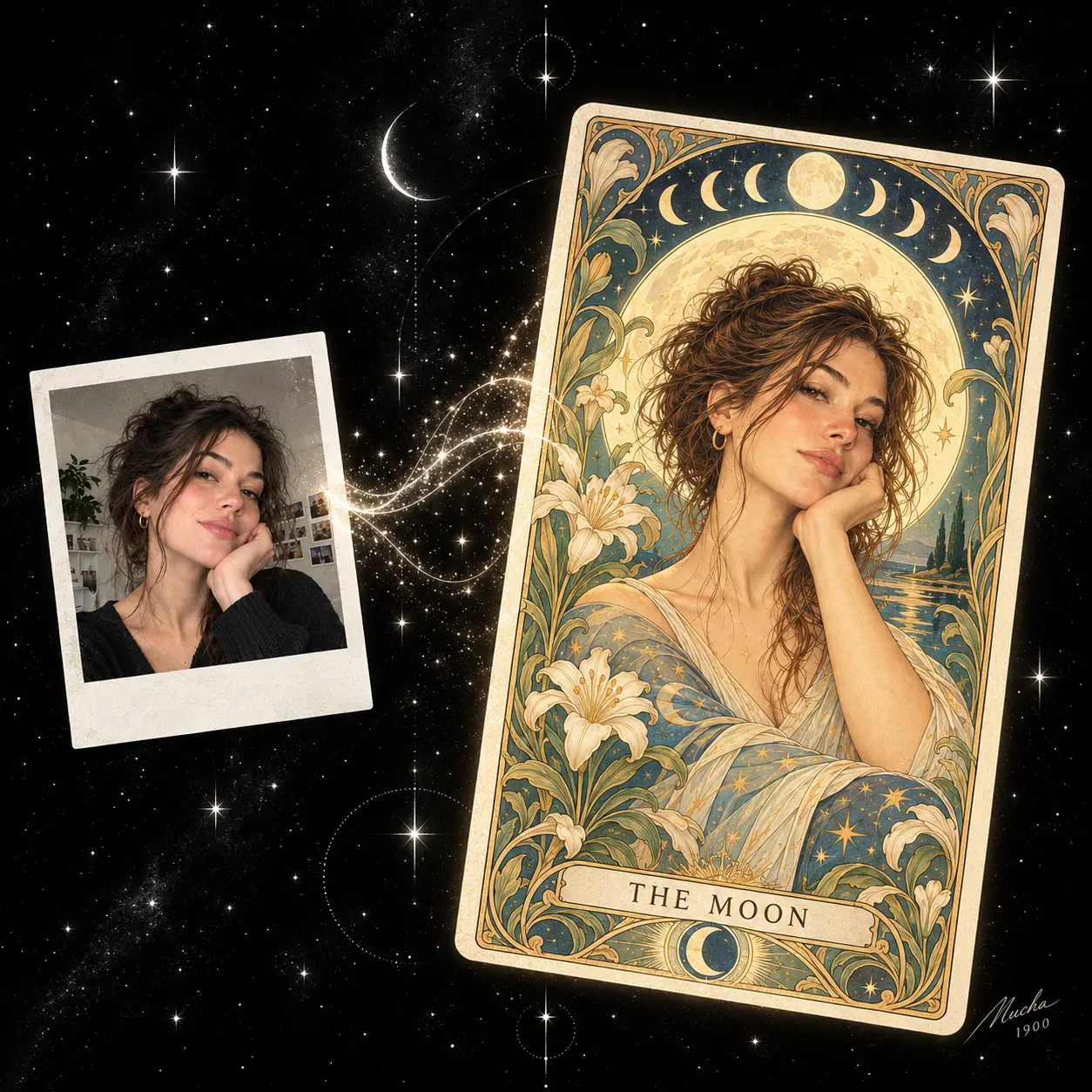 Before and after example: an original selfie transformed into an illustrated Art Nouveau tarot card called The Moon
