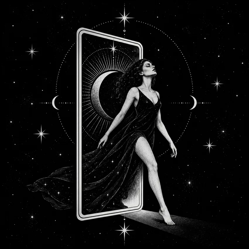Monochrome illustration of a woman stepping through a tarot card into a starry world