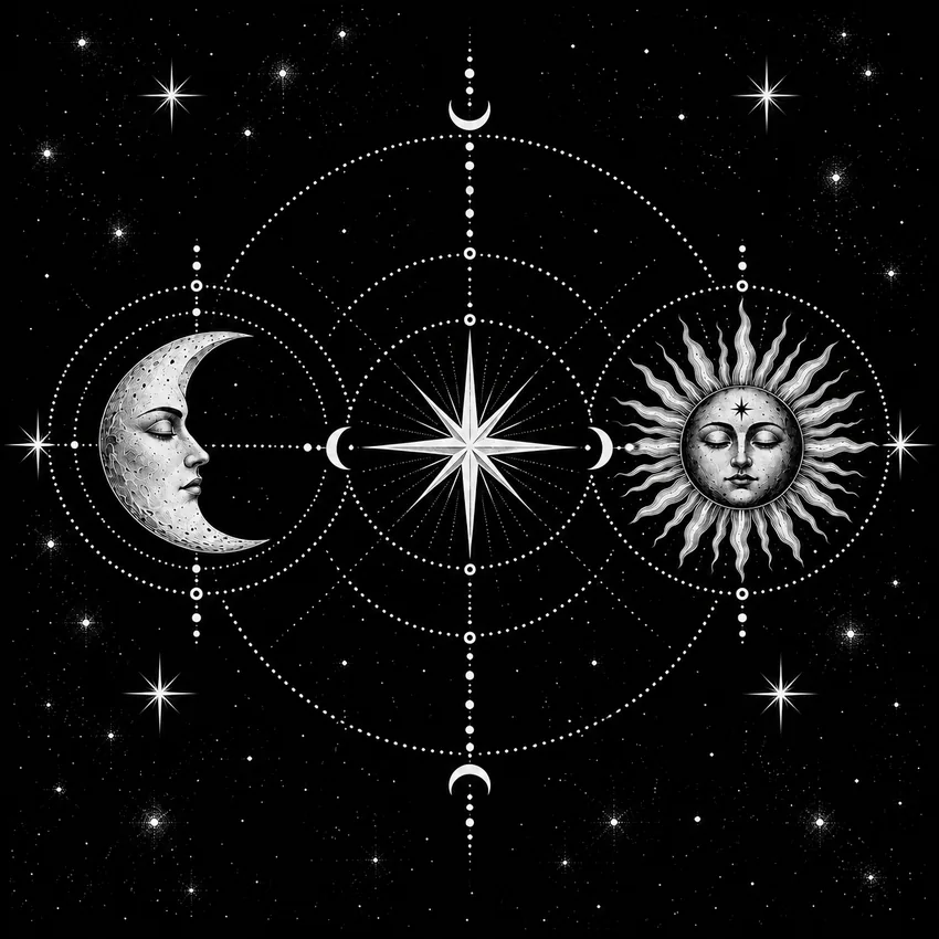 Minimal black and white celestial symbols of the moon, star, and sun in intersecting circular orbits