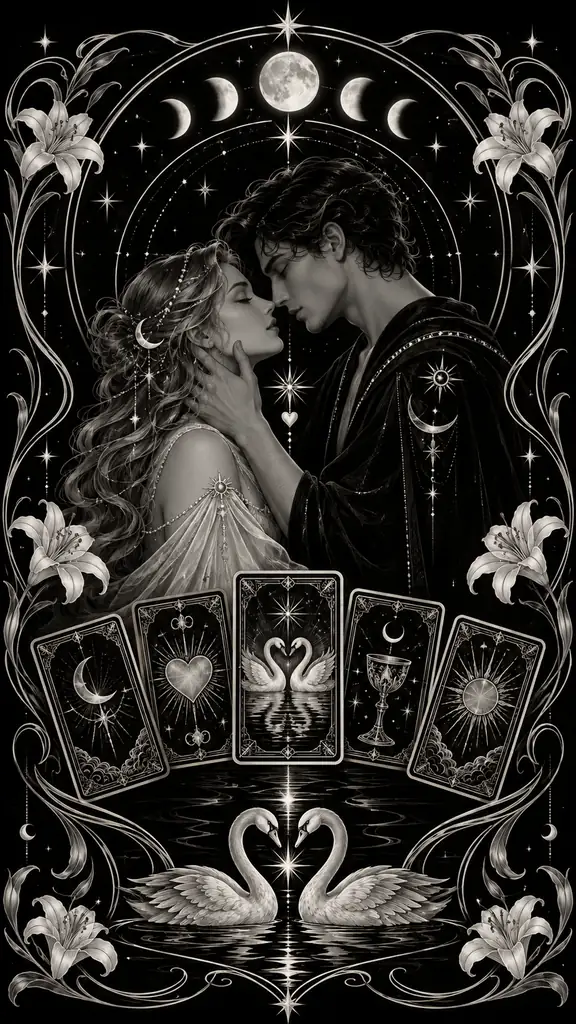 Art Nouveau lovers above a five-card love tarot spread