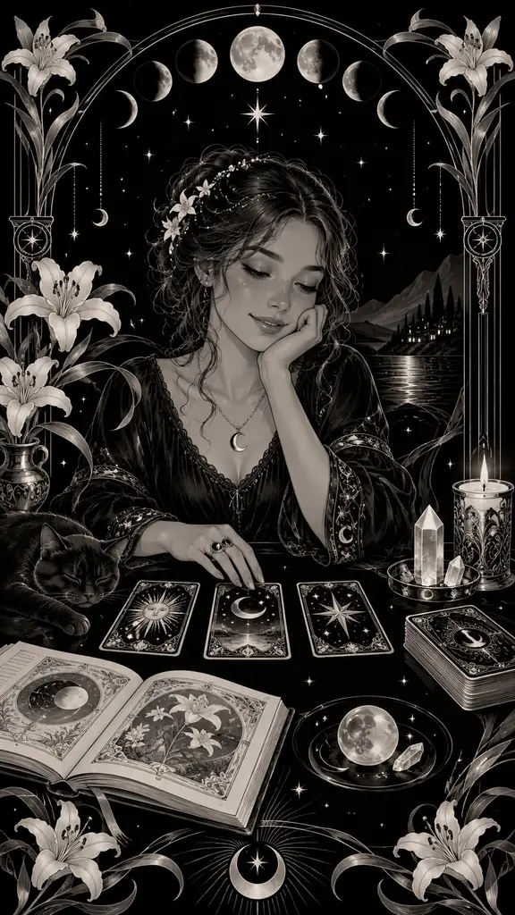 Art Nouveau beginner tarot reader with three cards, a guidebook and candle