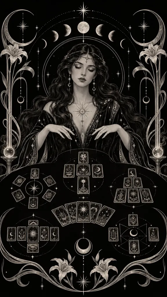 Art Nouveau tarot reader surrounded by multiple tarot spread layouts