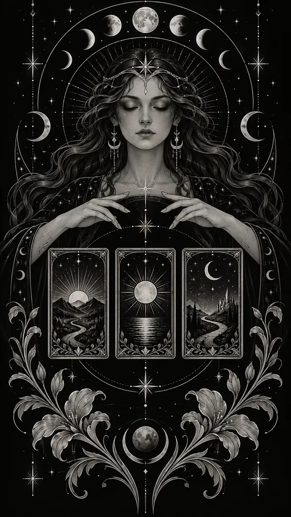 Art Nouveau tarot reader with three cards representing past, present and future